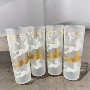 VTG Libbey Frosted Cavalcade Gold White Horses Glasses Highball Tumbler Set 4